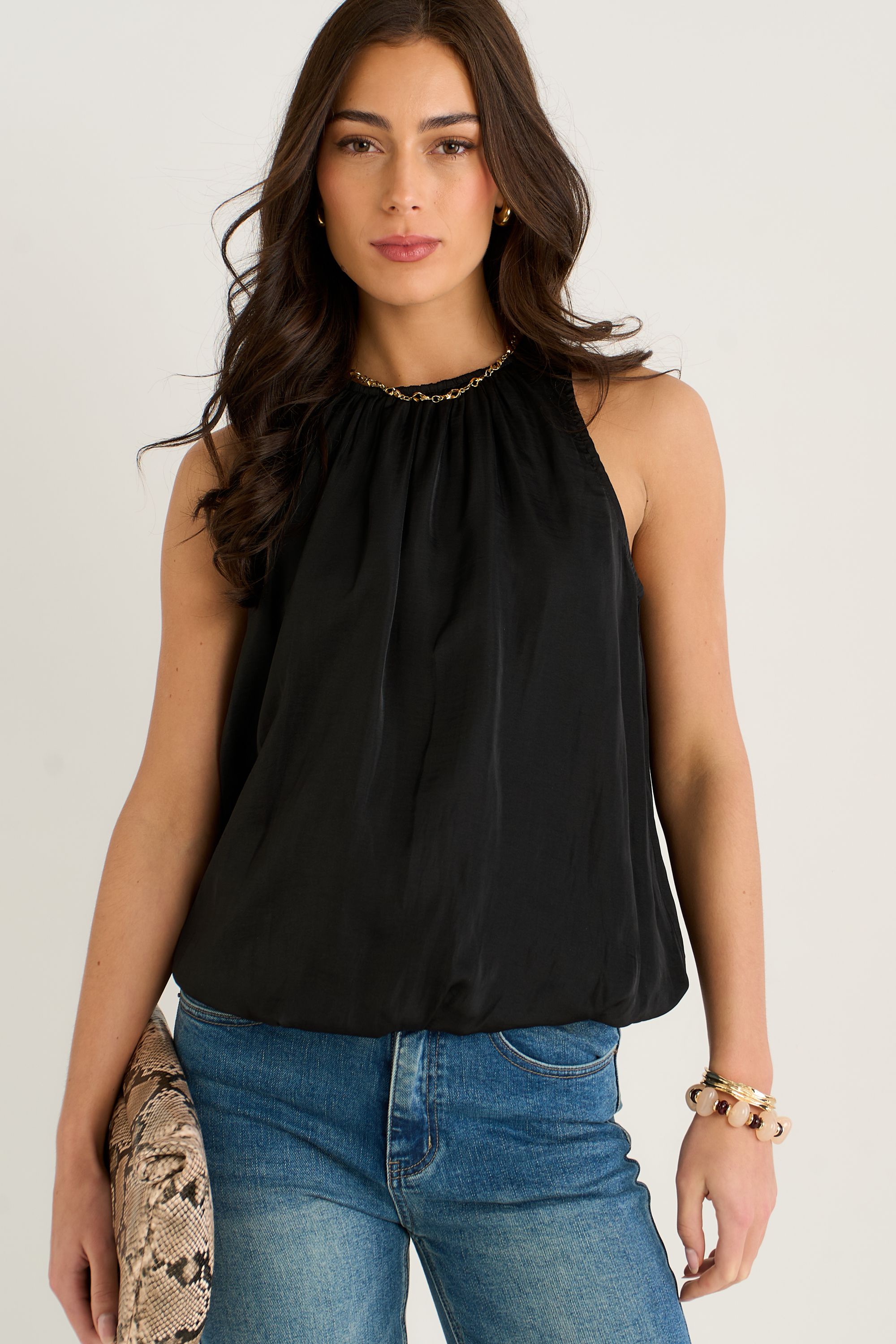 Gini London Black Puff Ball Round Neck Sleeveless Top