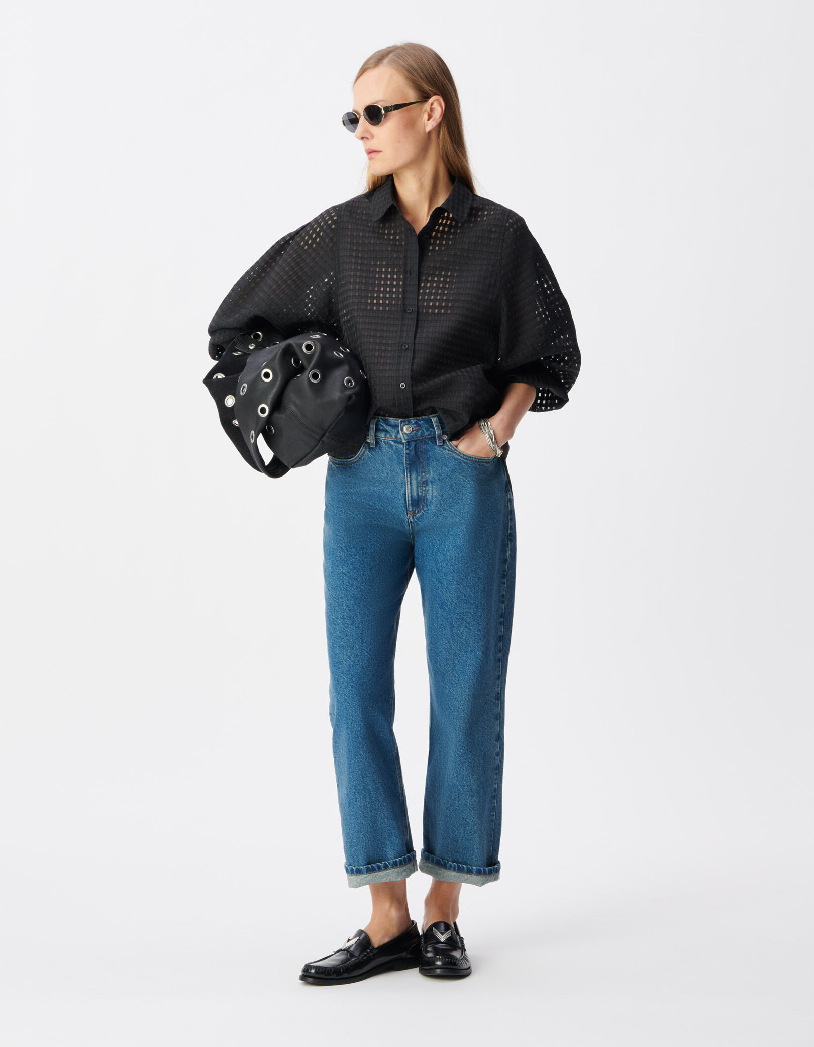Chemise noire motif carreaux ajourés Femme