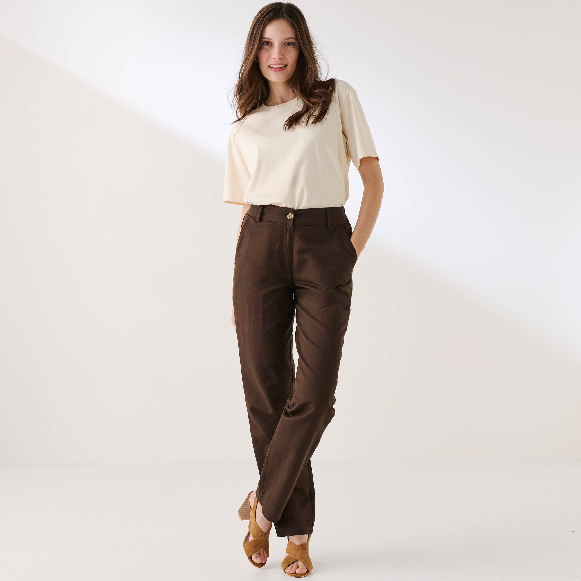 Pantalon coupe mom coton-lin uni