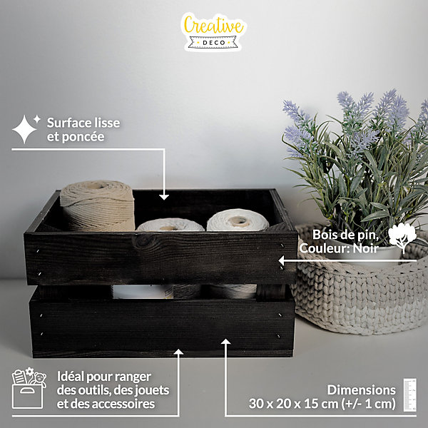 Creative Deco Caisse en Bois Noir 30 x 20 x 15 cm - Caisse Rangement Bois Vintage - Cagette Bois Deco - Boite Decoration