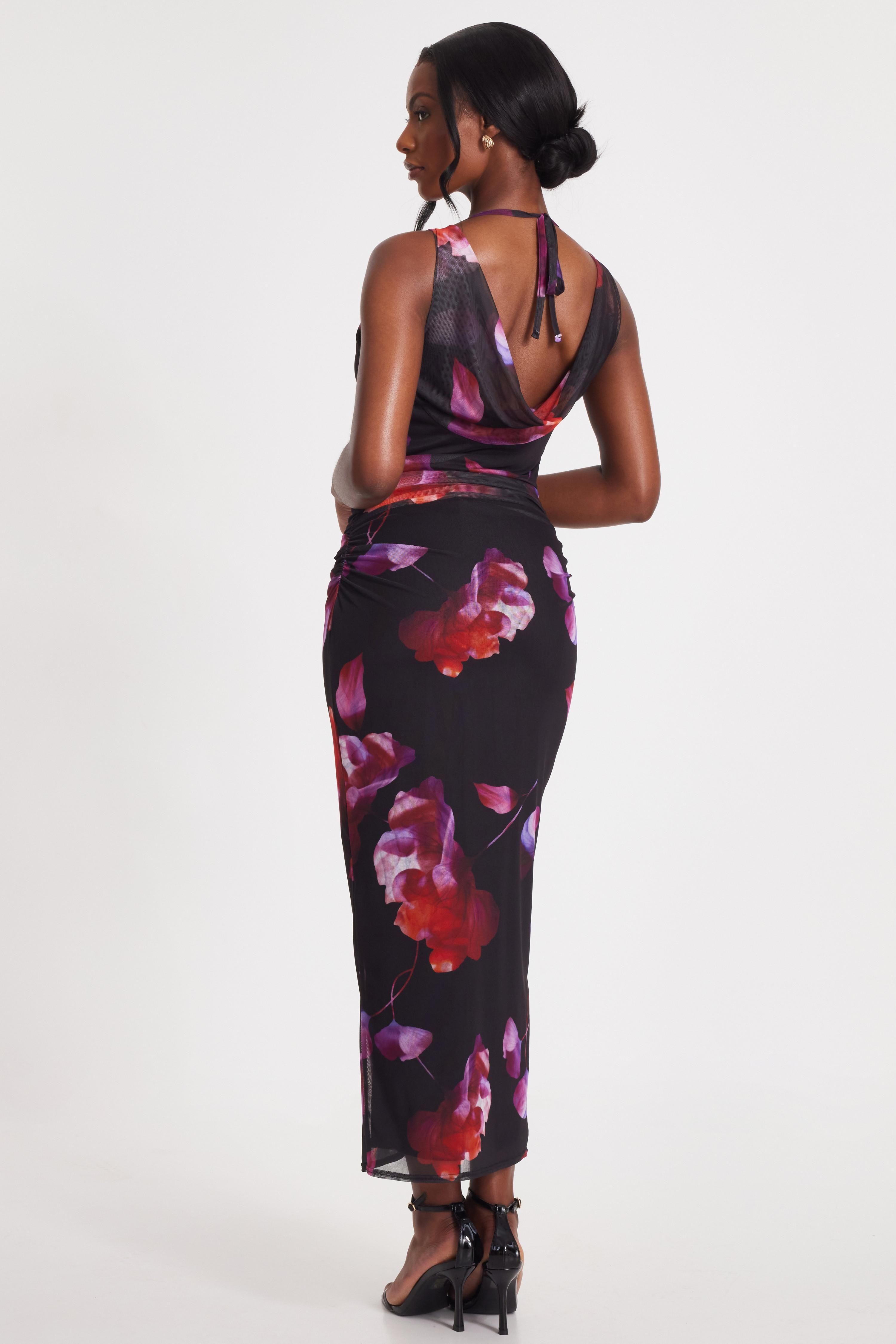 Quiz Black Mesh Floral Midaxi Dress