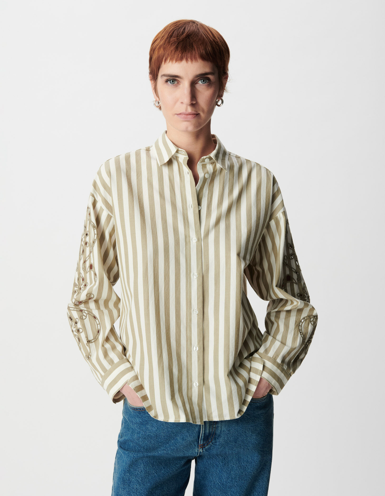 Chemise à rayures kaki broderies ajourées manches Femme