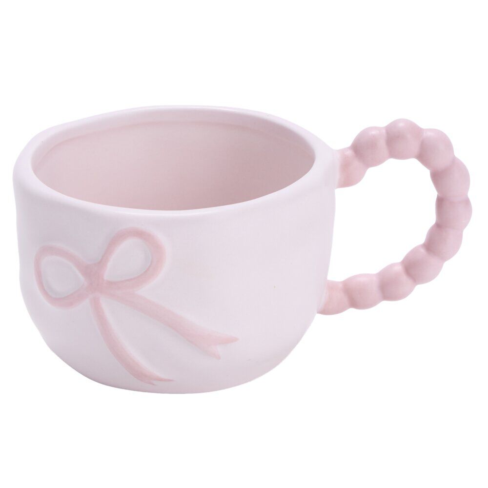 Tasse dolomite motif noeud anse façon perle blanc et rose Ø10xH7cm