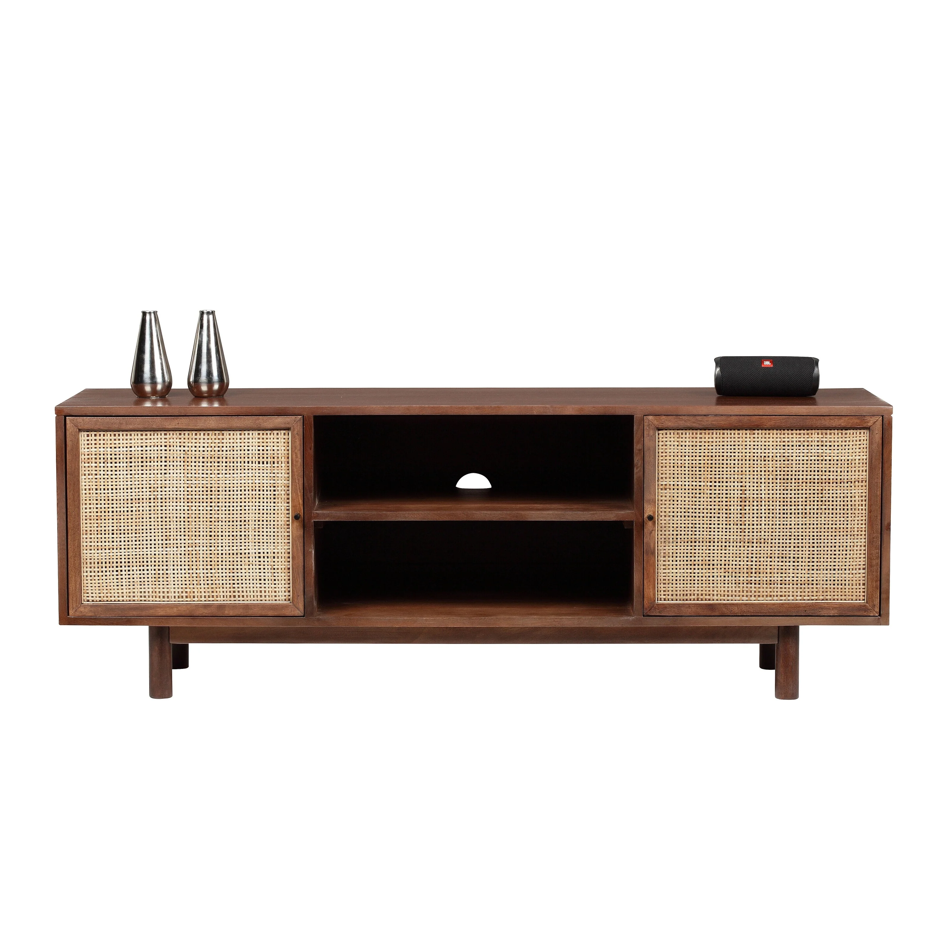 ComfyStyle Simple Mango Solid Wood Cane 55 inch TV Cabinets Console with Two Drawers