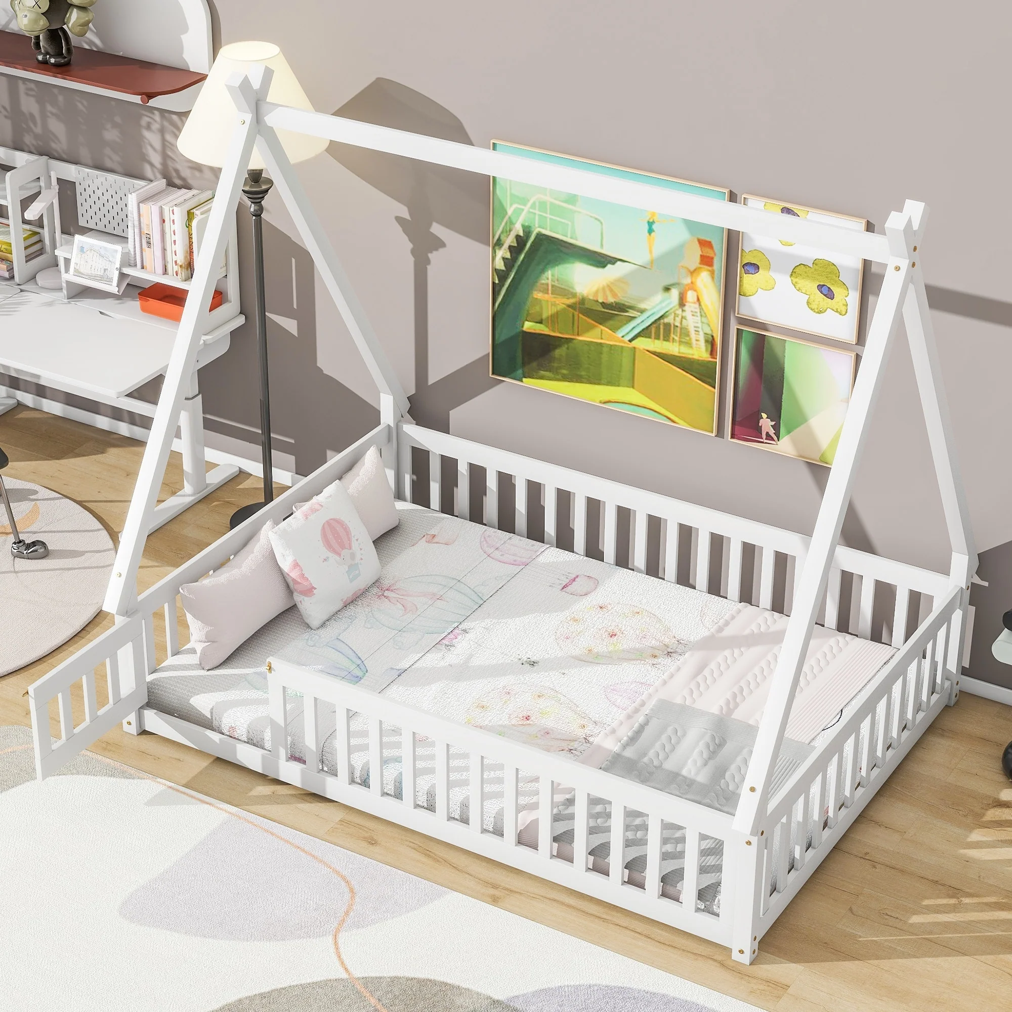 Tent-Shaped Full Bed with Guardrails and Door, Floor Bed Design for Kids
