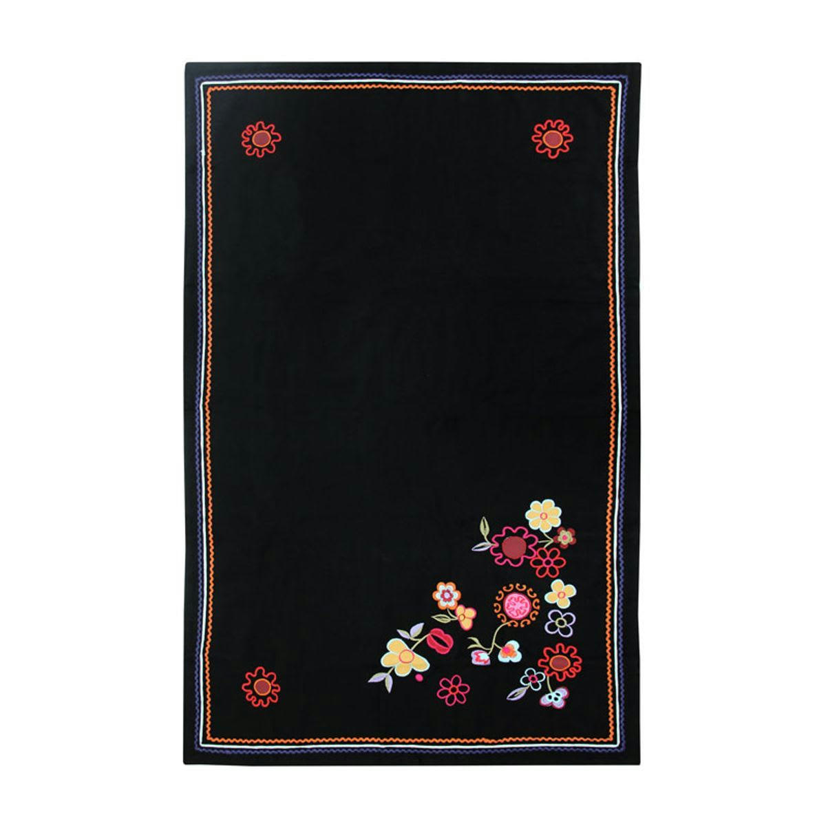 FOLK - Plaid brodé de fleurs noir 90x140