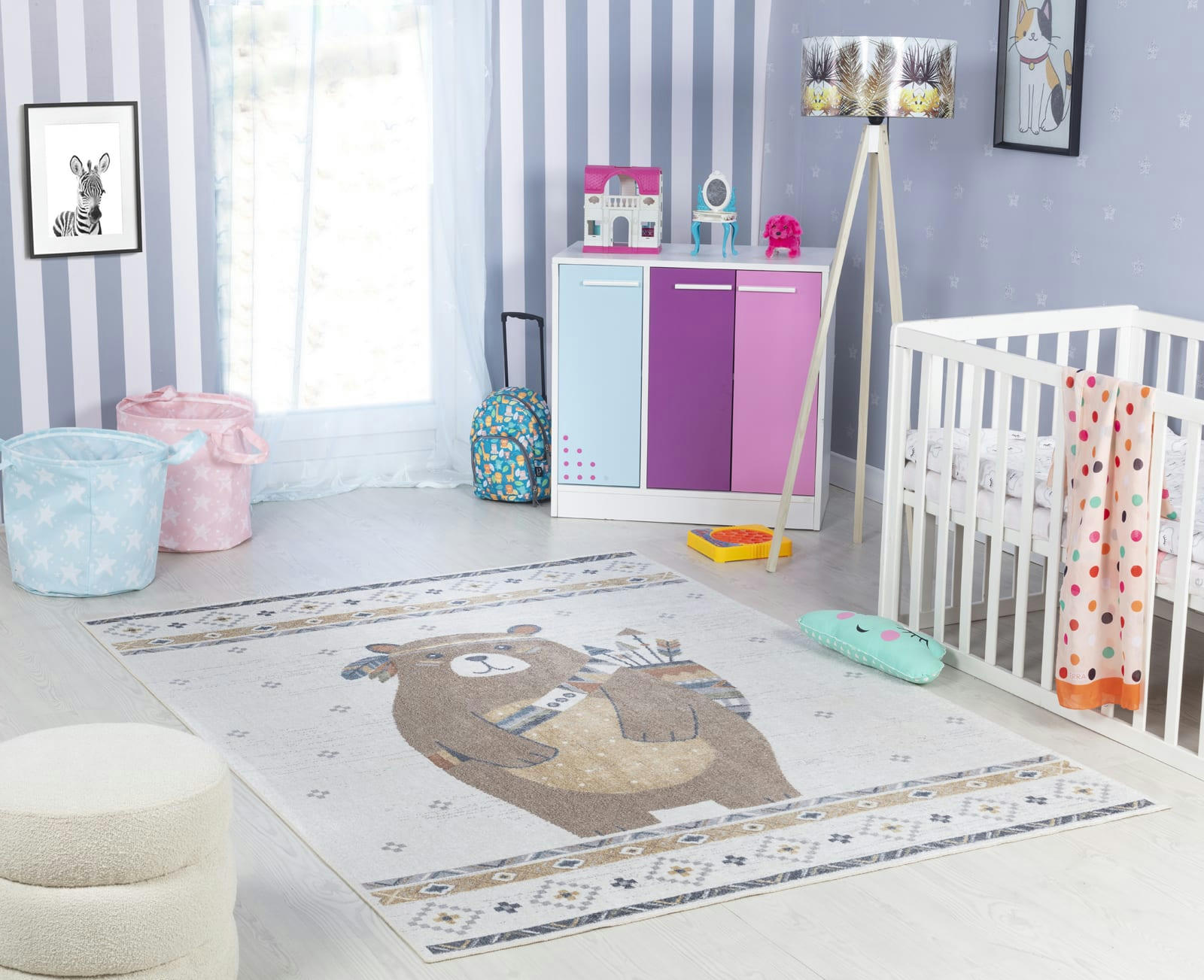 OURSIGENE - Tapis Enfant Lavable Ours Indien Beige/Brun 80x150