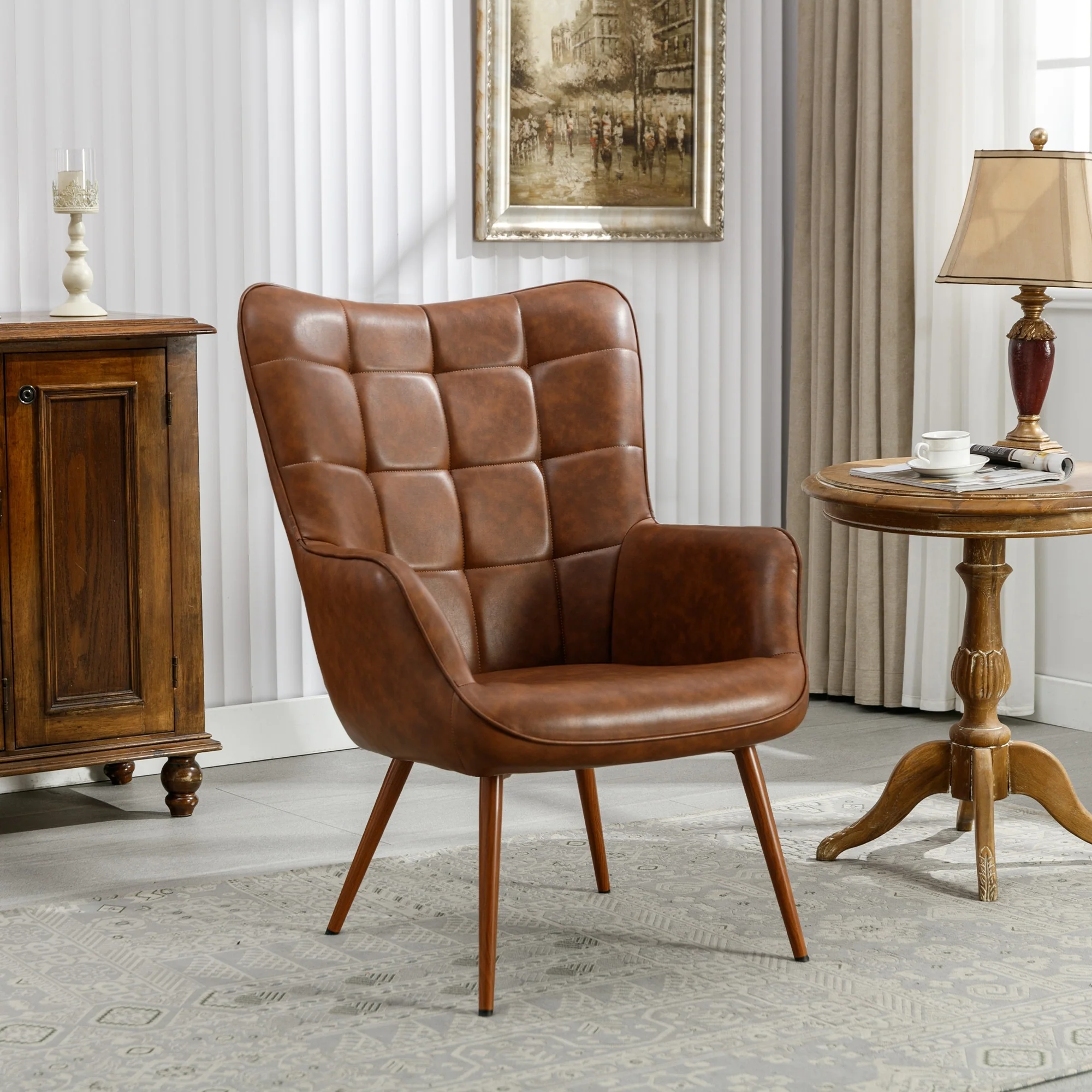PU Leather Accent Chair Tufted Button Wingback Chair