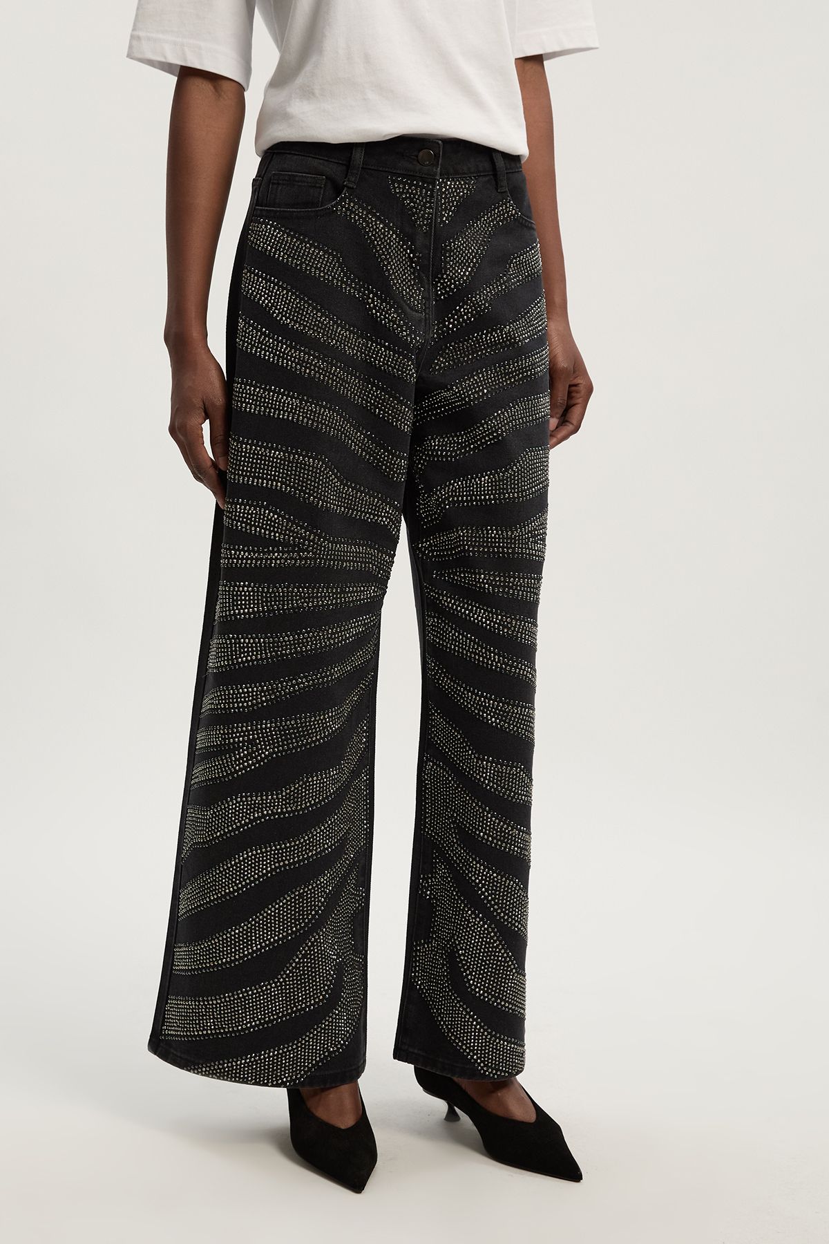 KarenMillen Denim Zebra Printed Hotfix Wide Leg Jeans