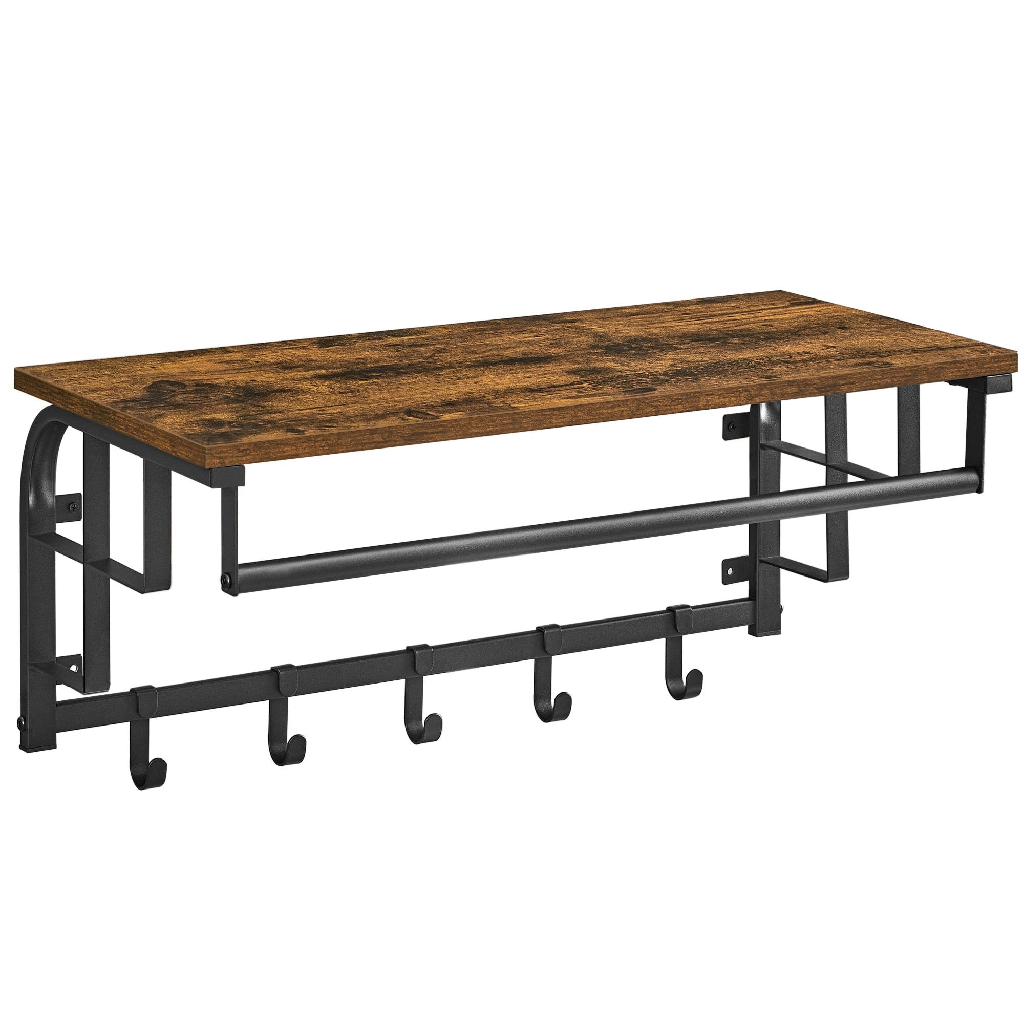 - Porte-manteau mural avec 5 crochets amovibles marron rustique et noir