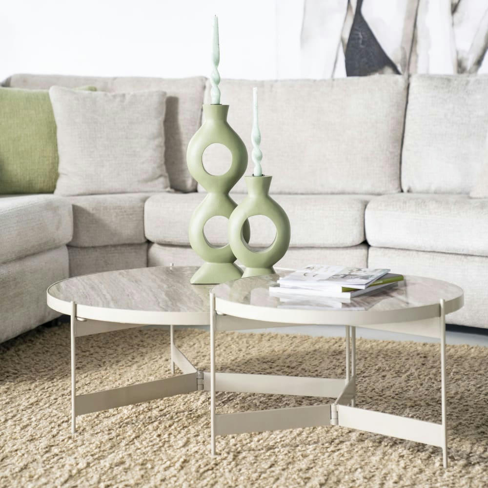 SIB - Lot de 2 tables basses rondes en marbre et métal blanc ivoire