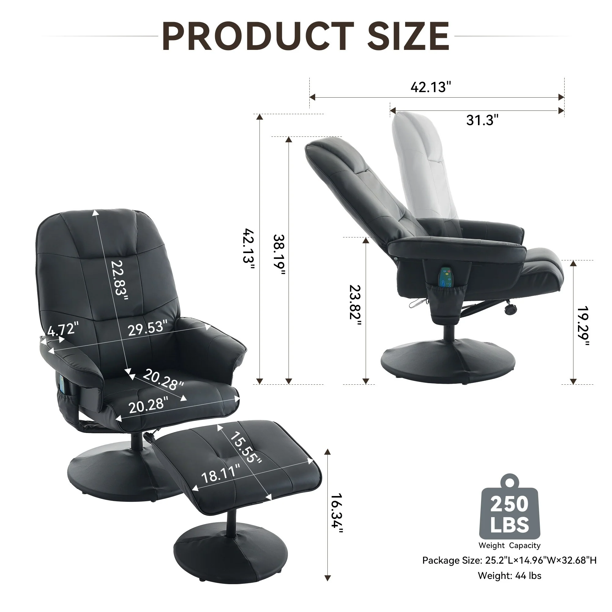 Massage Recliner Chair with Ottoman, 360° Swivel Reclining Chair with Wrapped Base, Seat Heating and Adjustable Backrest