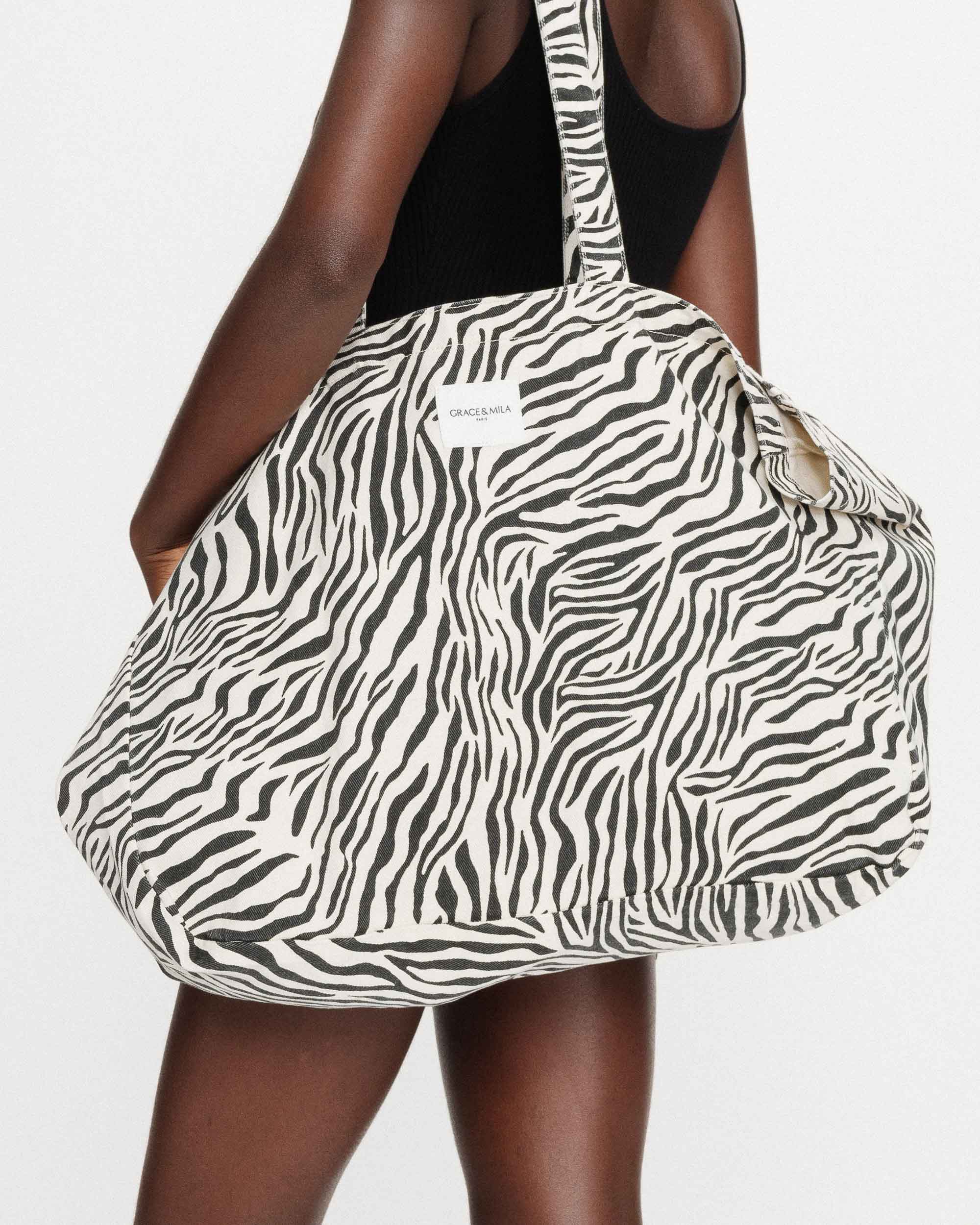 Tote bag large en denim à motif zebre Voyage