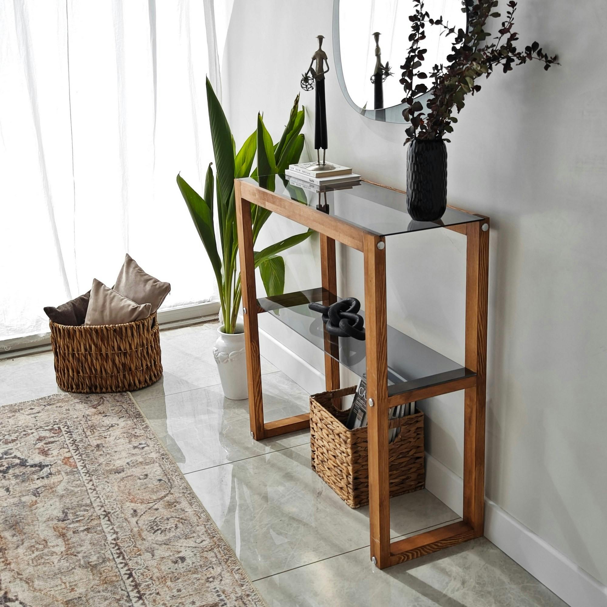 Console de salon verre teinté bois brun - 2 plateaux LHASA