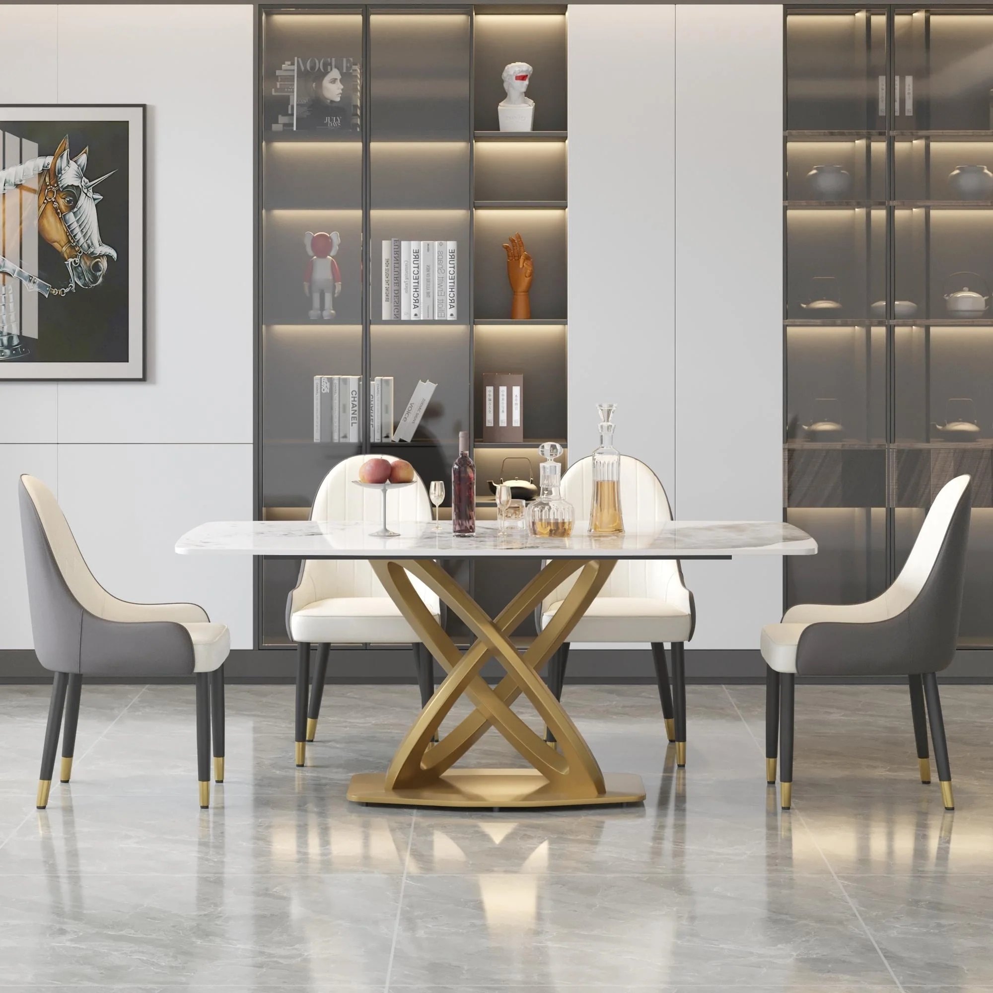 71'' Modern Dining Table with Rectangular Sintered Stone Tabletop and Gold Base