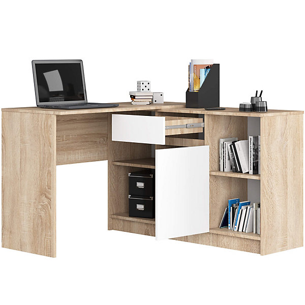 Ensemble d'angle AKORD bureau B17 avec commode Chêne Sonoma 120 cm 1 porte 1 tiroir façade Blanche 6 étagères 120x126x79 cm
