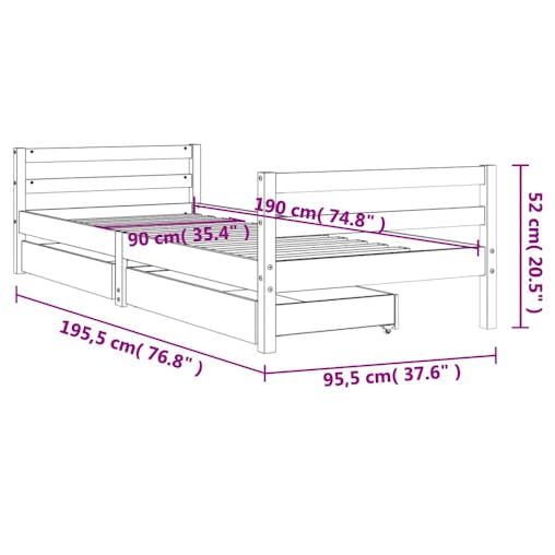 NNEVL Kids Bed Frame with Drawers White 90x190 cm Solid Wood Pine