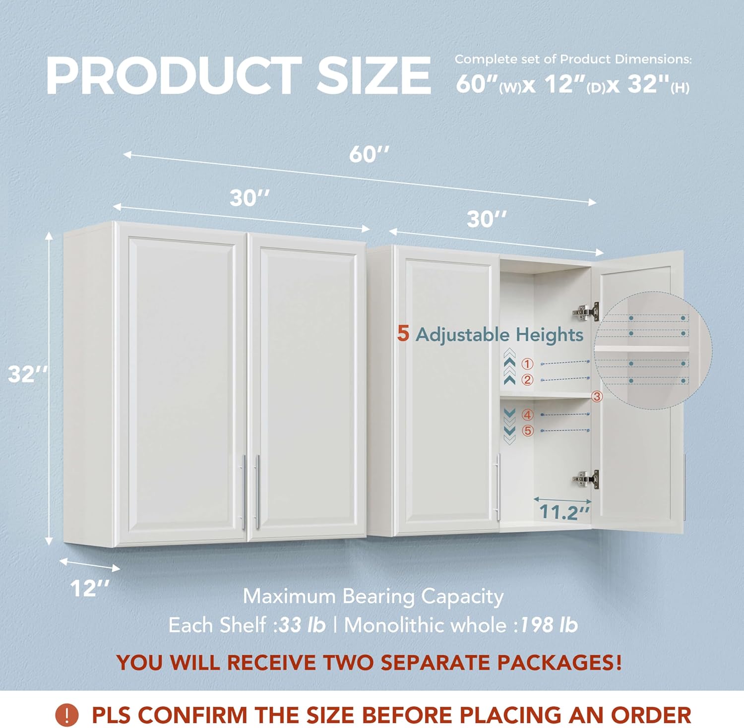 60 W Laundry Room Wall Cabinet with Adjustable Shelf,Wall Mounted Kitchen Cabinets with Two Shaker Doors,Upper Storage for Laundry Room, Bathroom, Kitchen