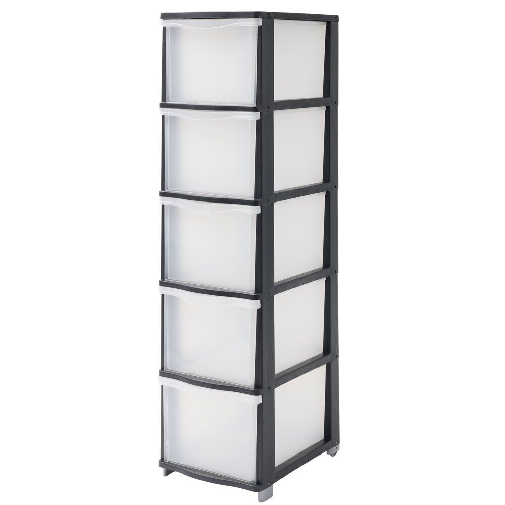 Tour de rangement à tiroirs x5 plastique noir et transparent 27x37xH102,5cm