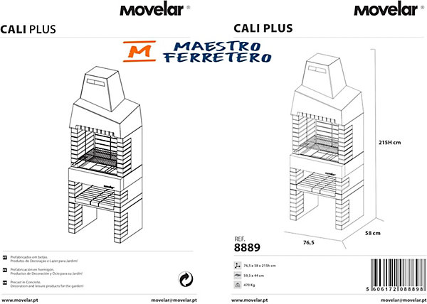 MOVELAR - Barbecue préfabriqué à bois et charbon de bois Cali Plus (Gris, Orange - 76,5x58x215 cm) REF : 8889/1 - Usage extérieur