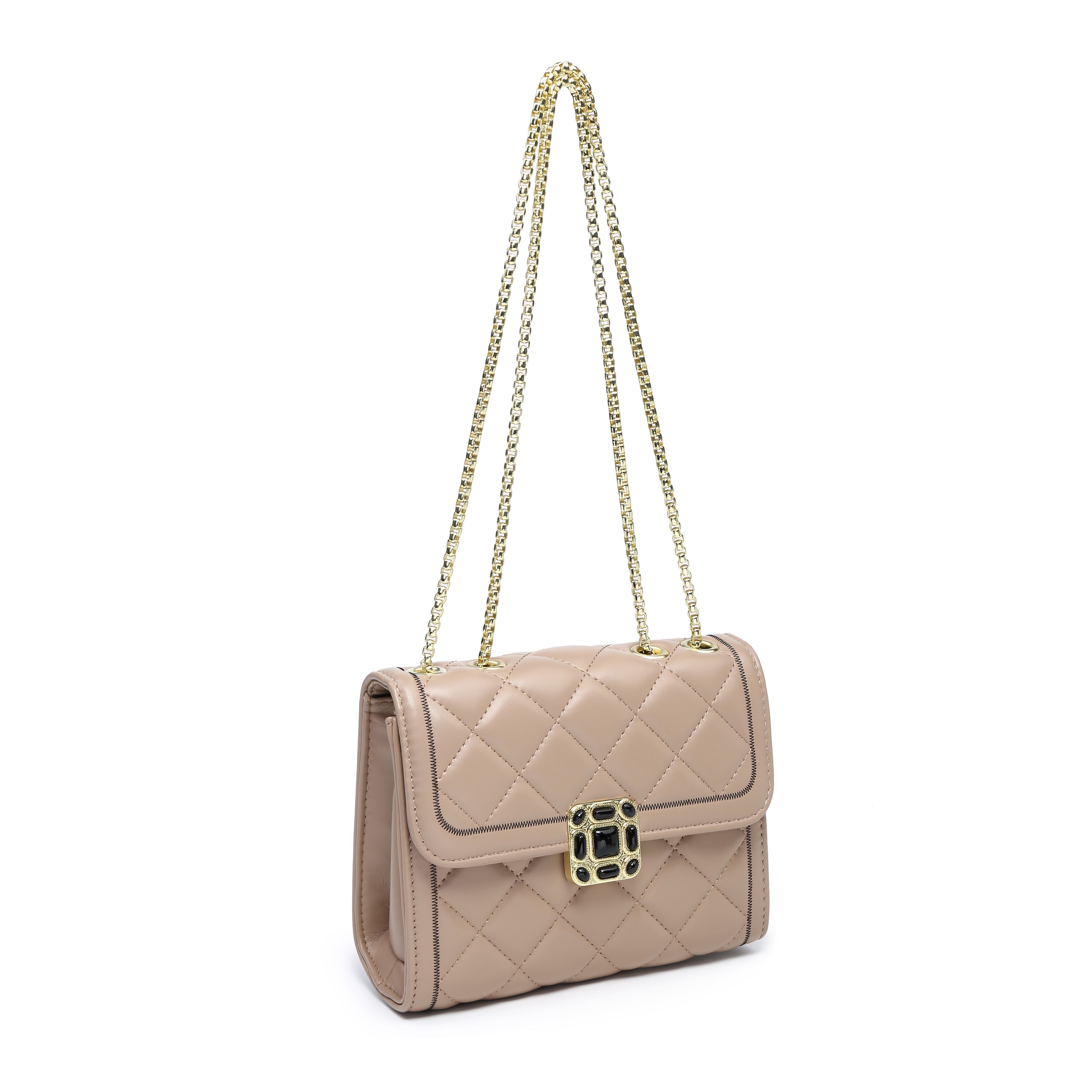 JFY Quilted Check Pattern Suqare Beaded Badge 3 Compartments Cross Body Bag
