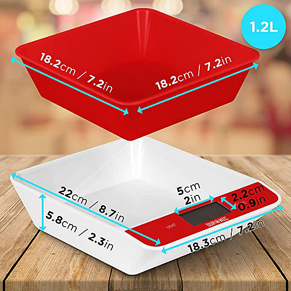 KS100 RD Balance de cuisine Capacité 5 kg Affichage numérique Ajout de poids Précision 1 g Bol 1,2L 4 capteurs précis Duronic