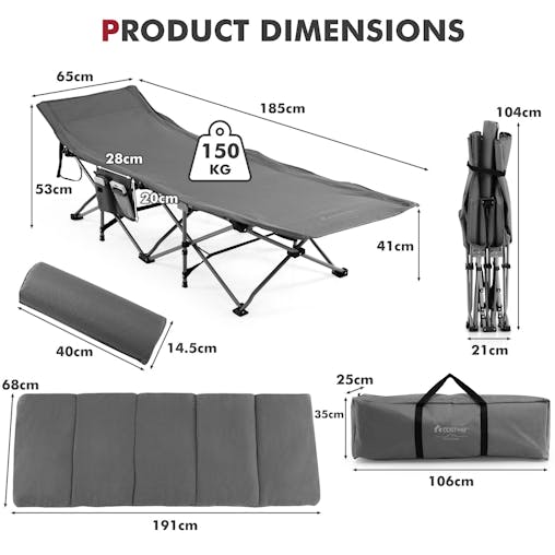 NNECW Folding Travel Camping Cot with Carry Bag Removable Mattress & Pillow-Grey