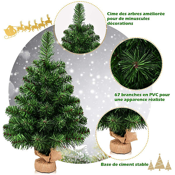 Mini Sapin de Noël 60 cm Artificiel de Table, 67 Branches et Aiguille en PVC, Base en Ciment Enveloppée de Lin