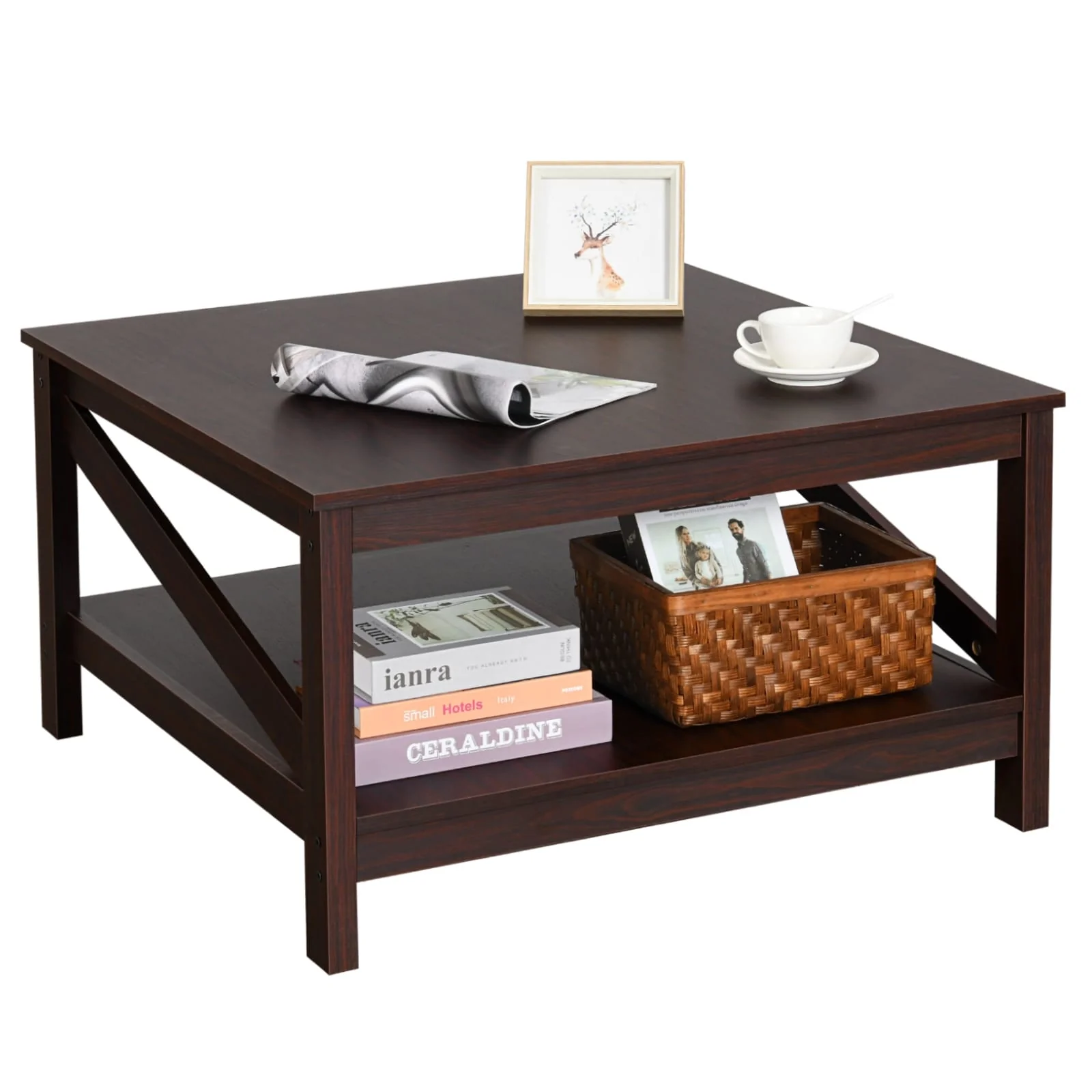 Moasis 2-Tier Square Coffee Tables with Shelf Center Table for Living Room