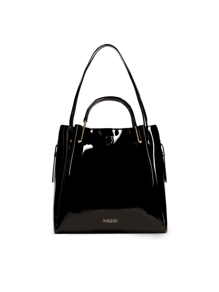 Black patent bag with metal handles