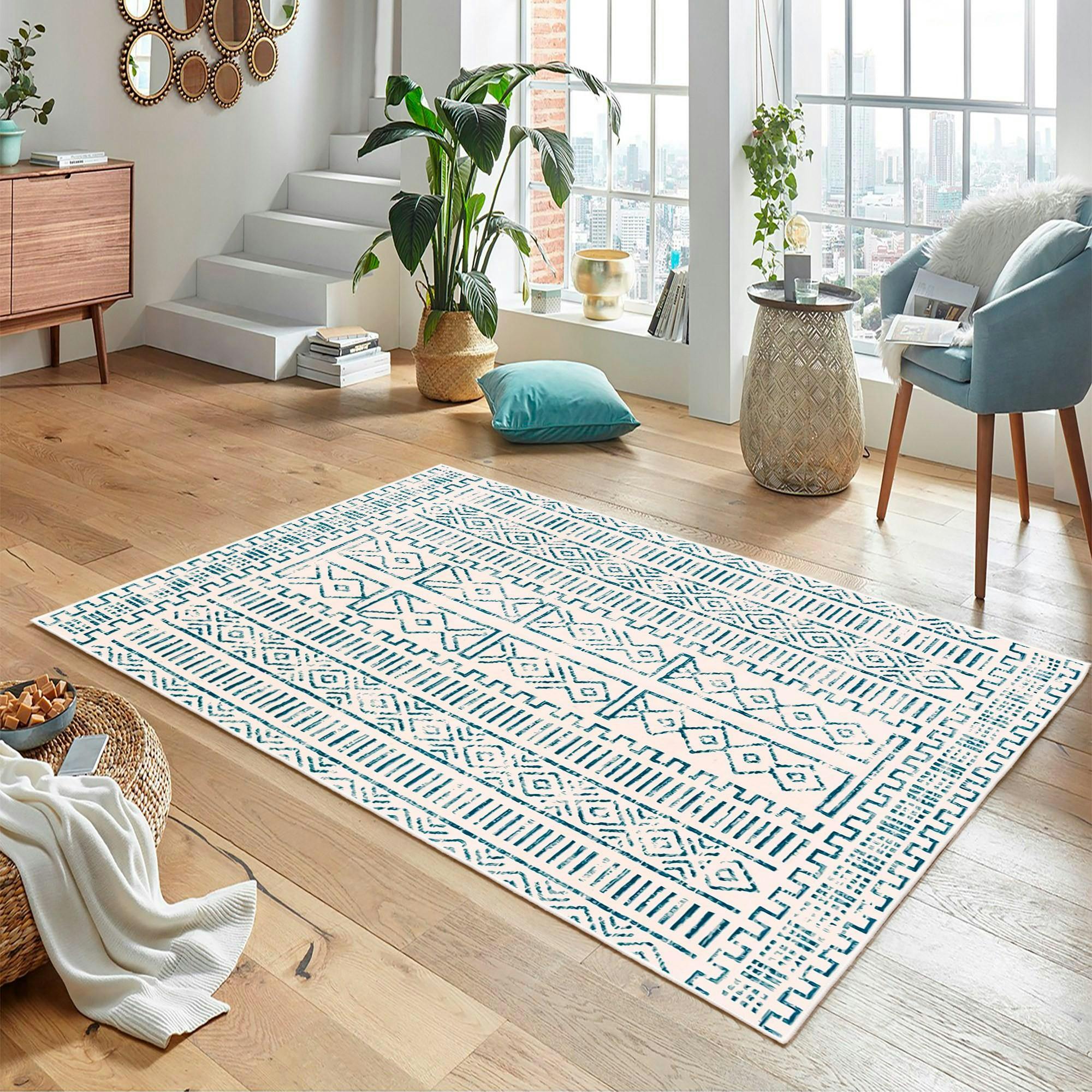 Tapis écru contrasté – motifs bleus, 160x230 cm ISTANBUL