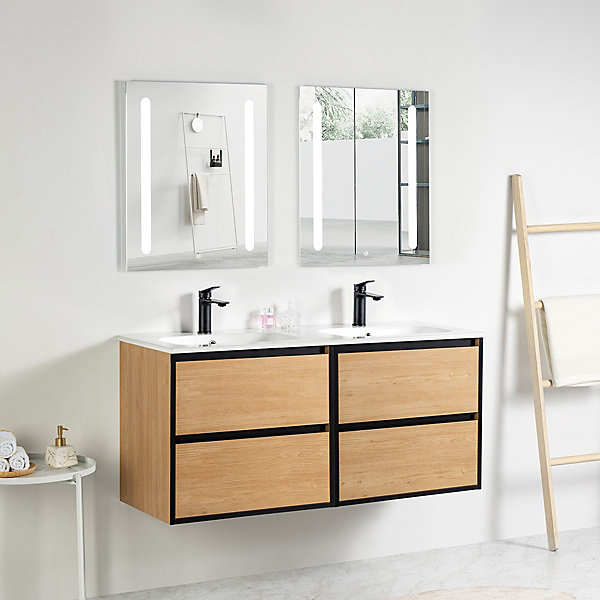 Ensemble Meuble prémonté 120 bois détail noir-Vasque céramique-Miroirs ELY - bain-bain