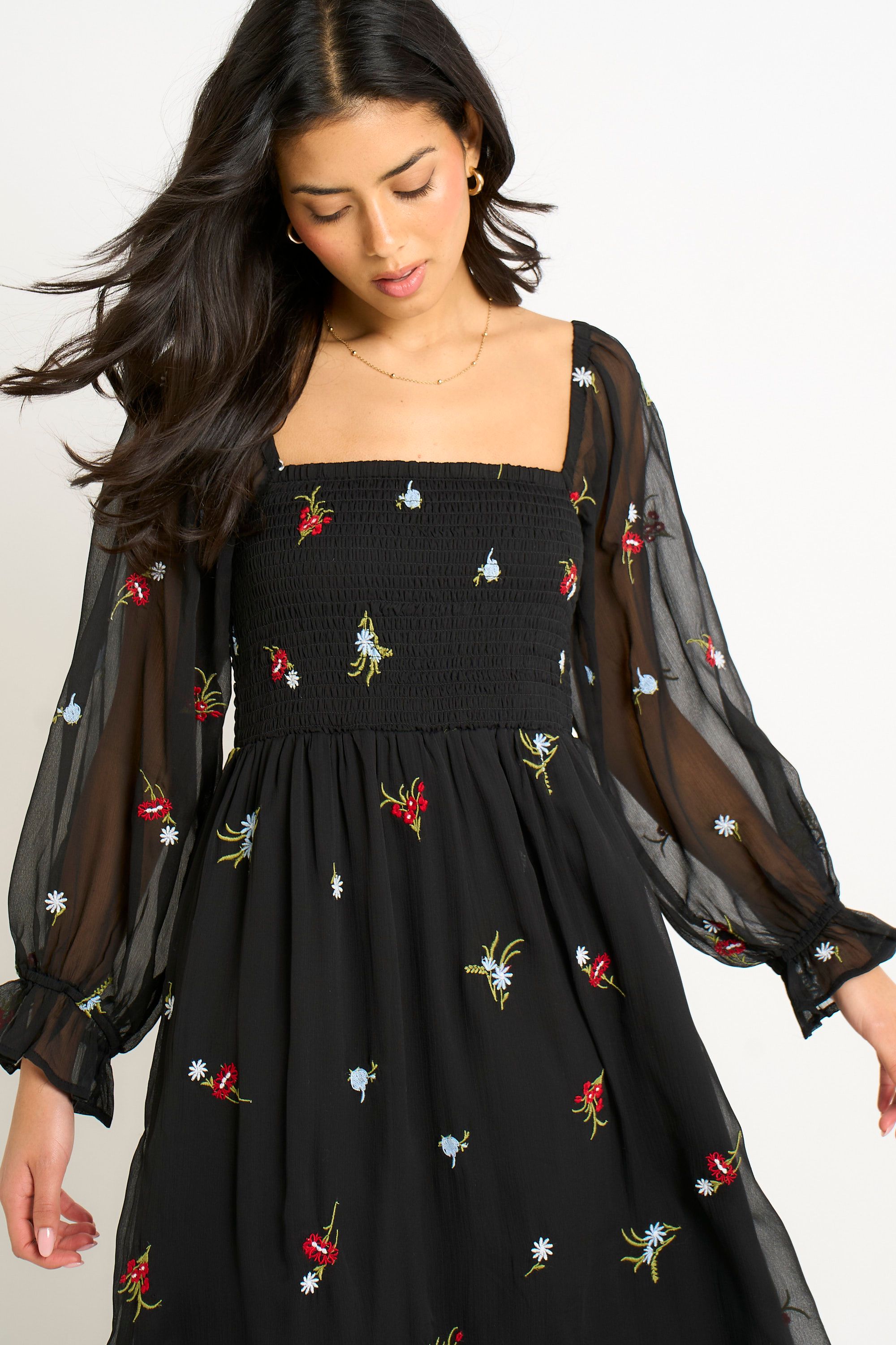Gini London Black Chiffon Floral Embroidered Dress