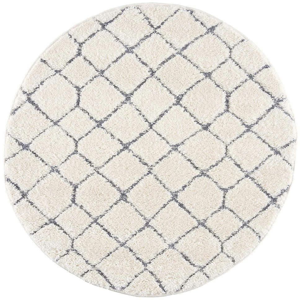 BÖHMEN - Tapis rond à poils longs et relief crème et gris 200x200cm