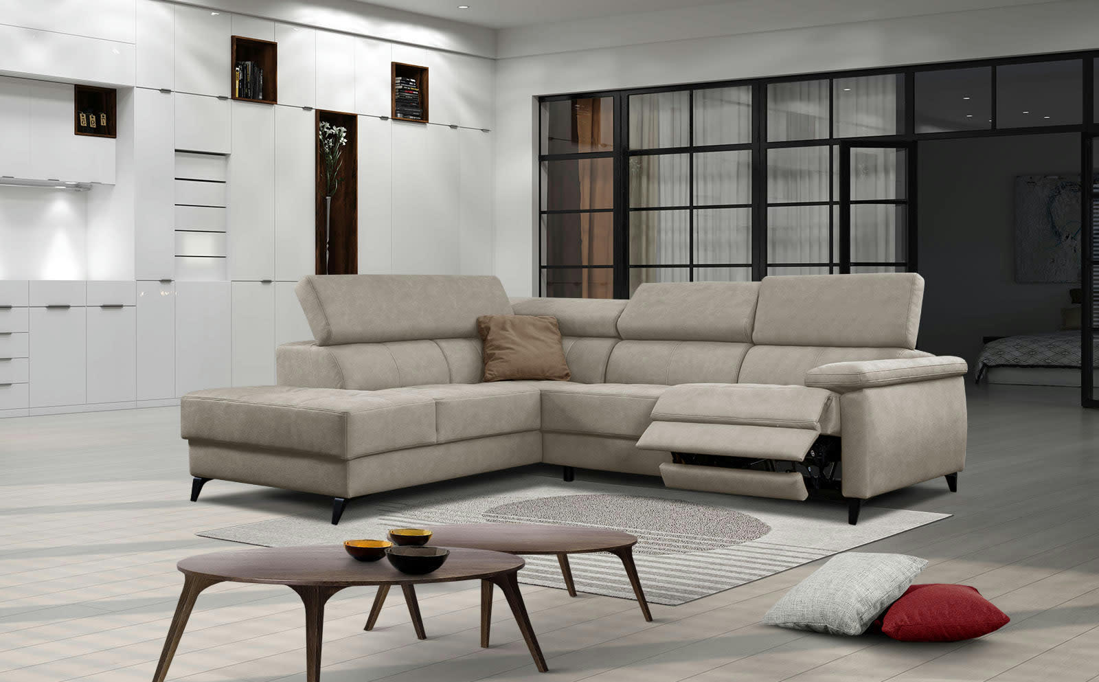 TAUNUS - Le canapé d'angle gauche 5 places beige clair avec une relaxation