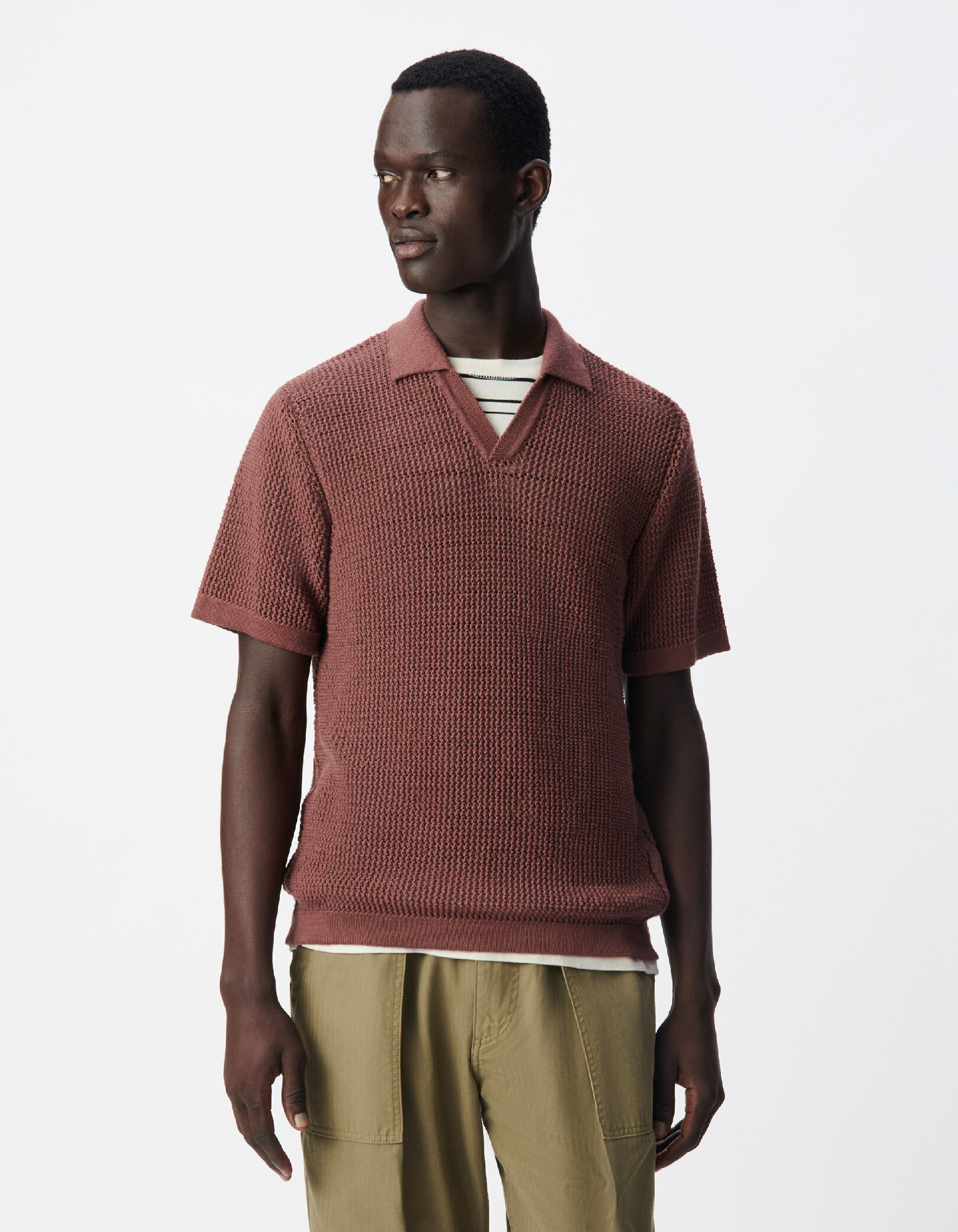 Polo marron tricot ajouré Homme
