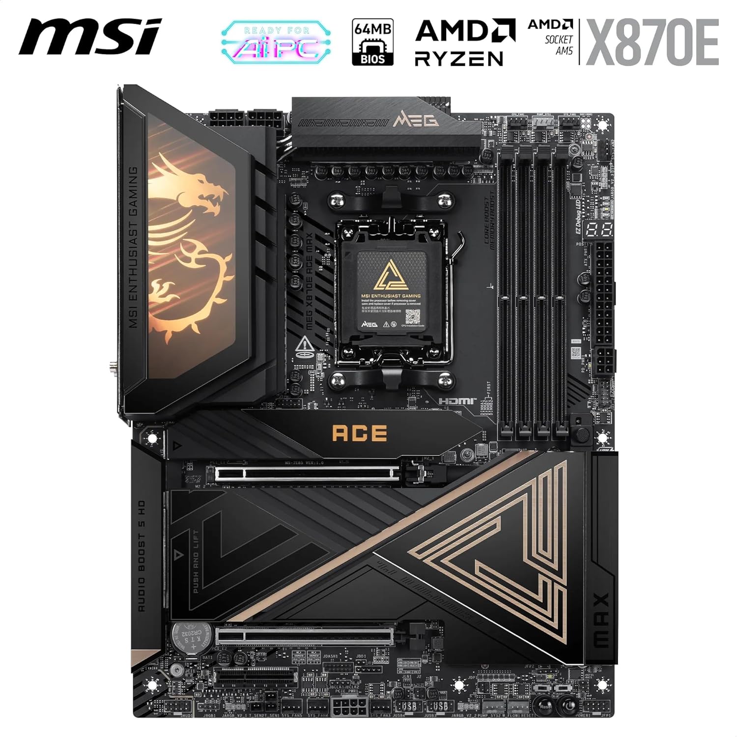 MSI MEG X870E ACE MAX Motherboard, ATX - Supports AMD Ryzen 9000/8000 / 7000 Processors, AM5-64MB BIOS ROM, 110A SPS VRM, DDR5 Memory (up to 8400+ MT/s OC), M.2 & PCIe 5.0, USB4, Wi-Fi 7, 10G LAN