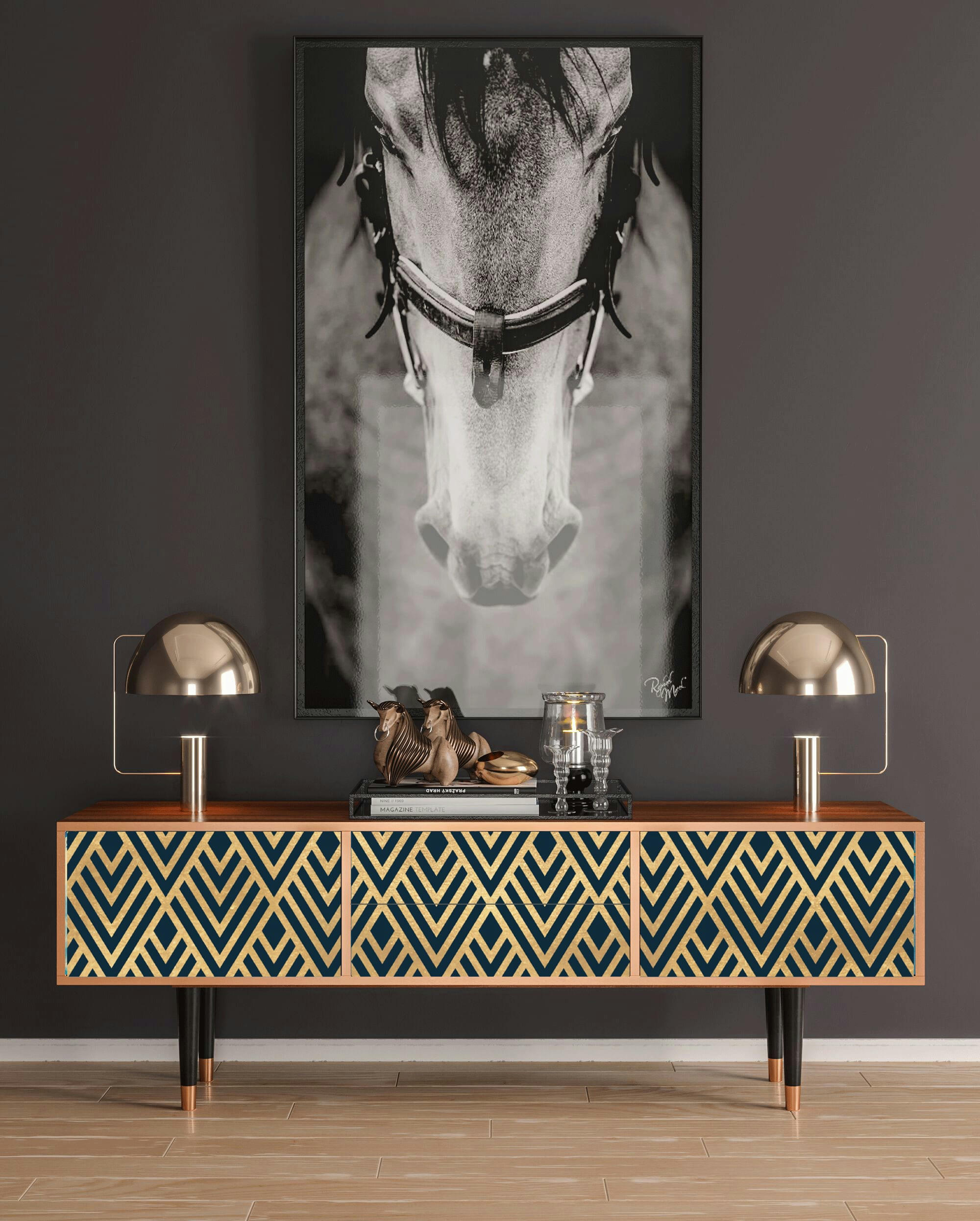 EGYPT TRIANGLES - Meuble TV  bleu 2 tiroirs et 2 portes L 170 cm