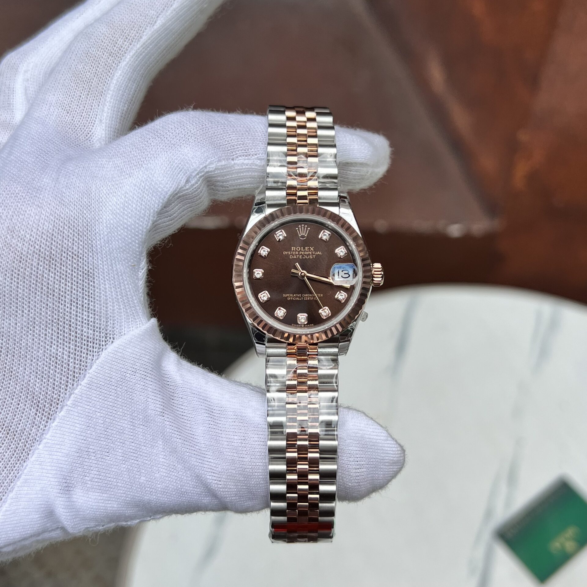 Rolex Datejust SS/RG Plated Chocolate Dial CZ Diamonds 31mm Jub Replica