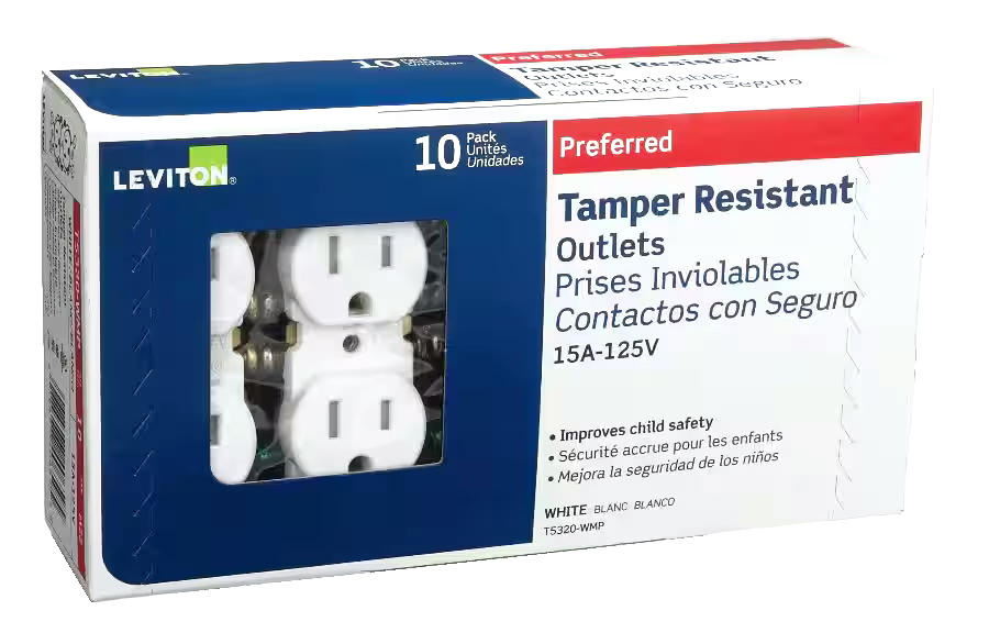 Leviton T5320-752 Tamper Resistant Duplex NEMA 5-15R Outlet, 15A, 125V, Grounding, White, 10-pk