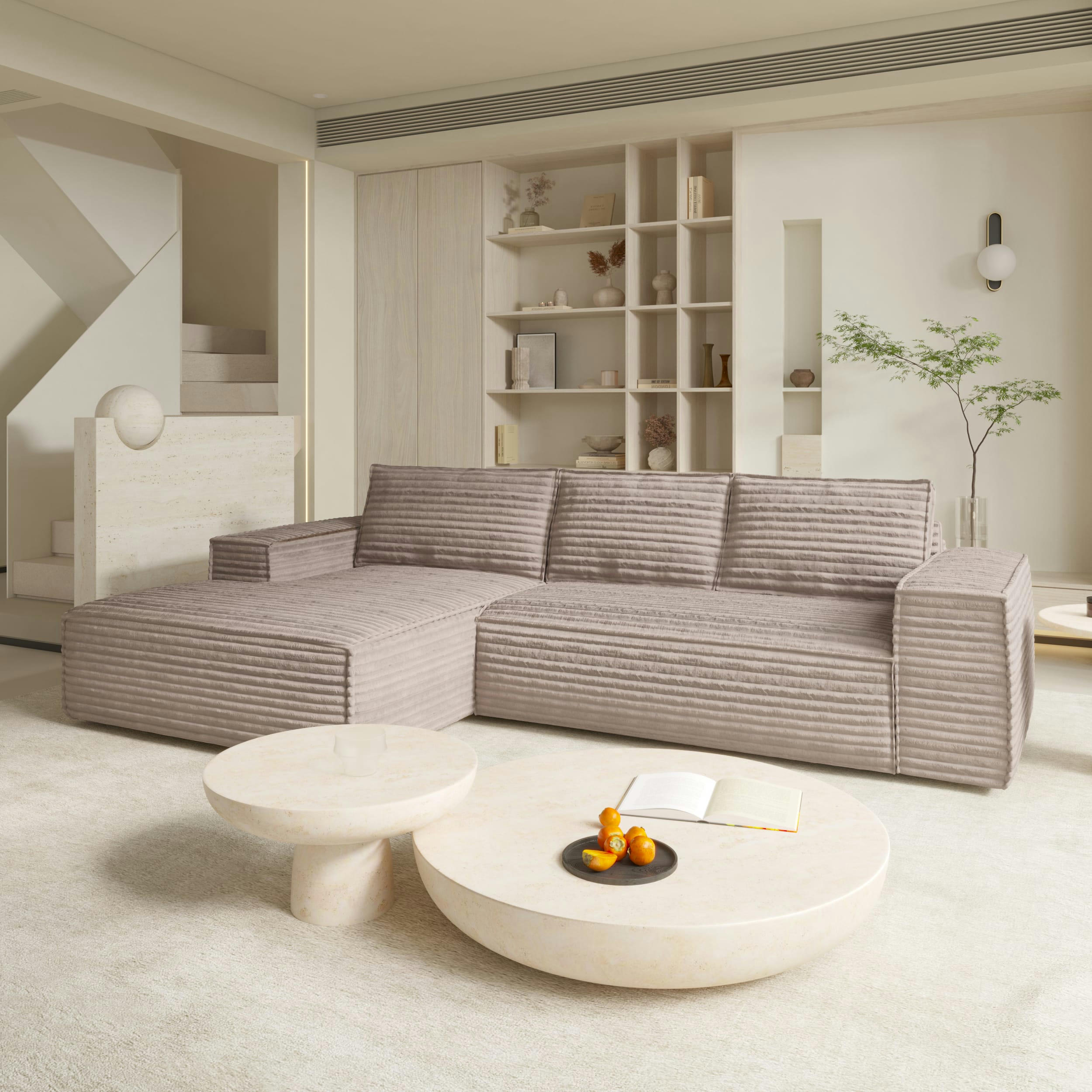 JOAN - Canapé convertible angle gauche velours côtelé XXL taupe 140cm