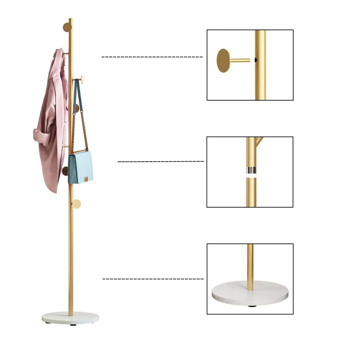 Gold Coat Racks, Metal Coat Rack Freestanding with Hooks, Entryway Coat Rack Stand, Coat Racks with Marble Base