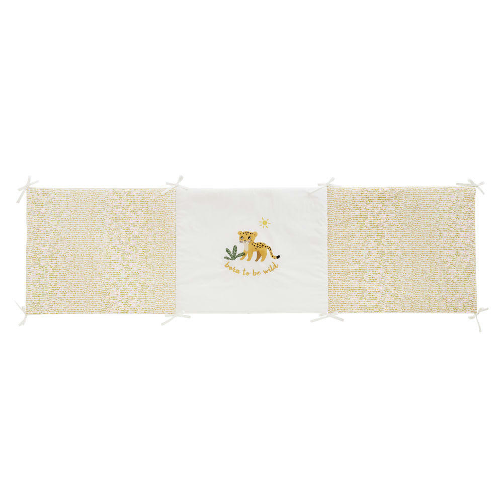 - Tour de lit bébé en coton blanc et jaune moutarde imprimé léopard