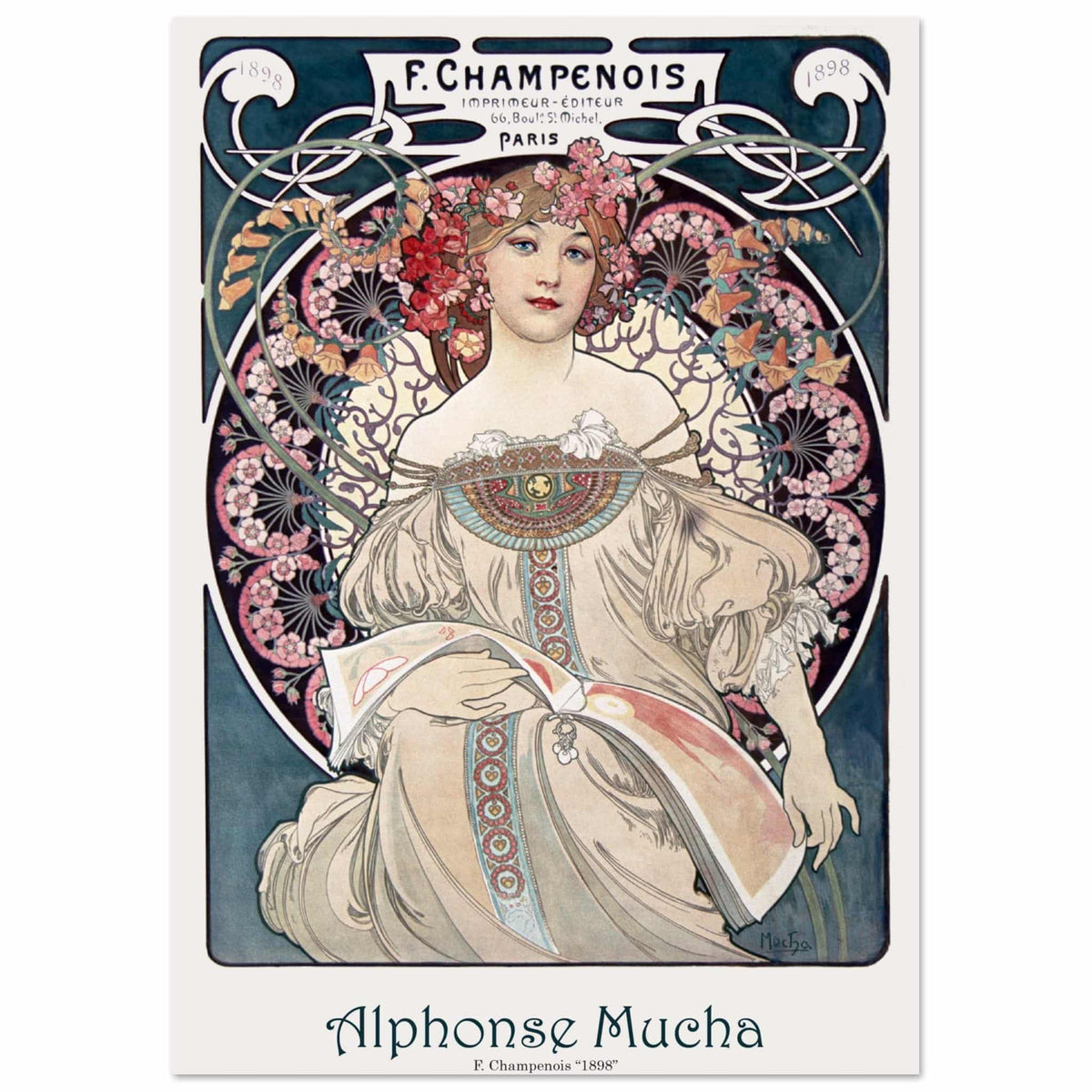 Artfulprints Poster Alphonse Mucha - F. Champenois  - A4 21x29.7 cm - Blauw