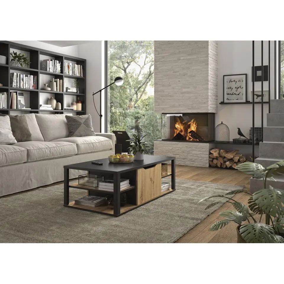 Diagone Salontafel Buxton - Opbergvak voor flessen - zwart/eikenkleur