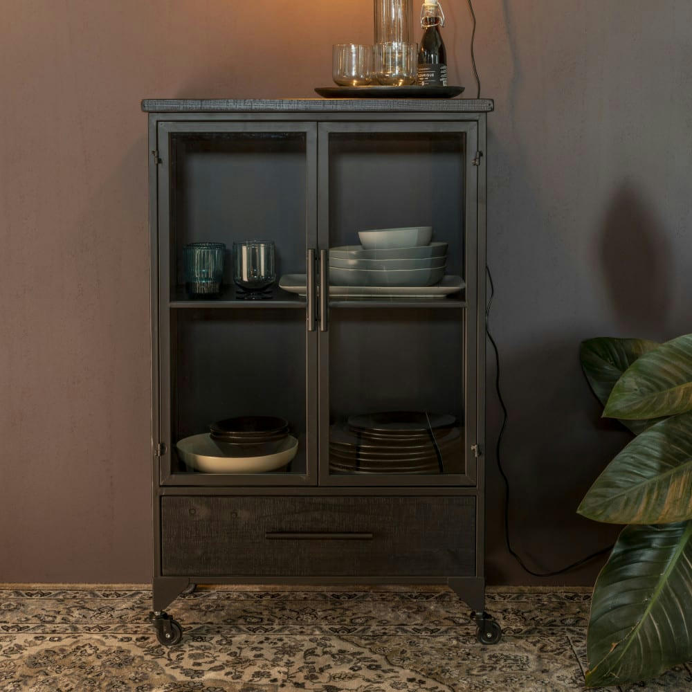 FERRE - Vitrine en bois et métal à roulettes H105cm noir