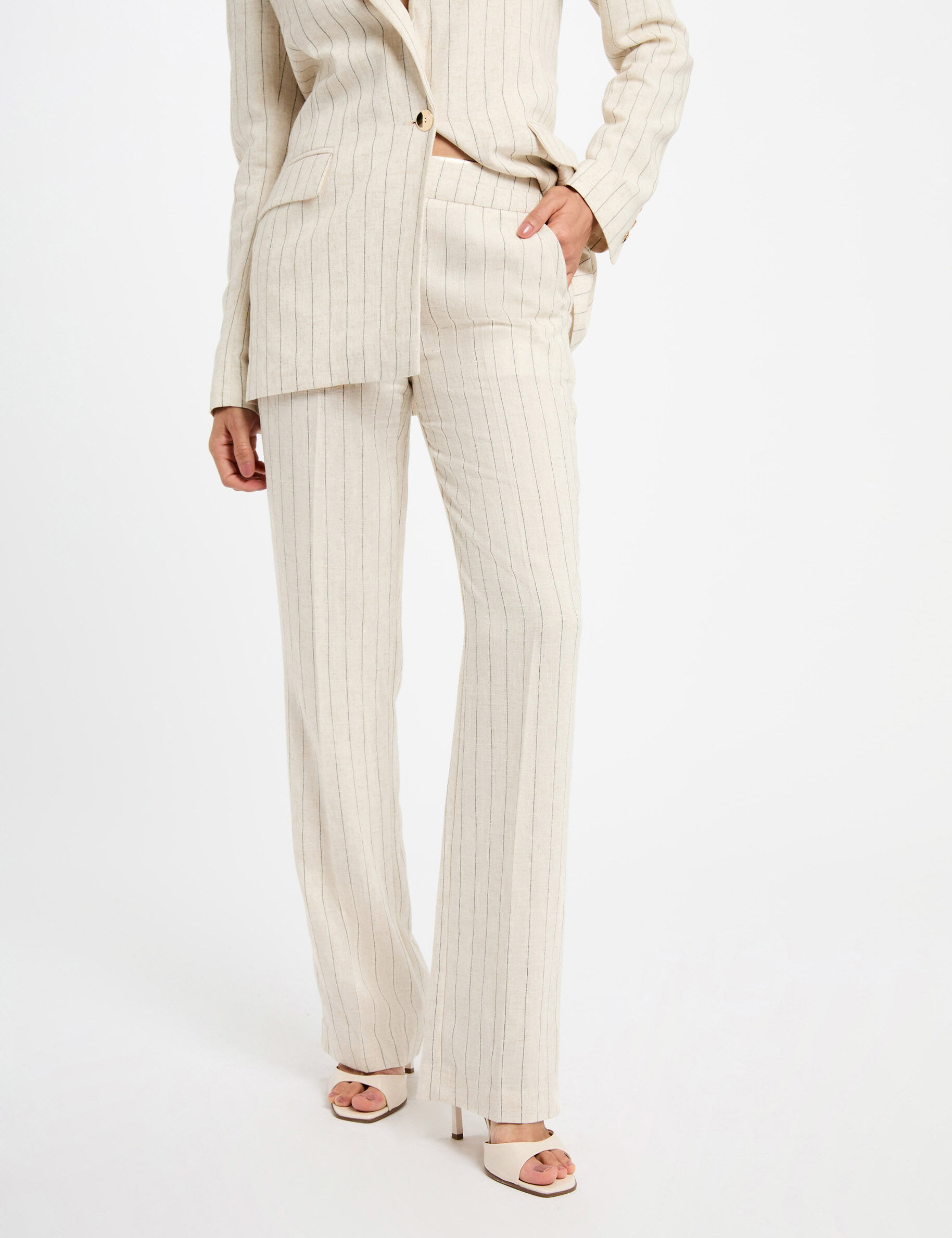 Striped Wide Leg Trousers Beige Women
