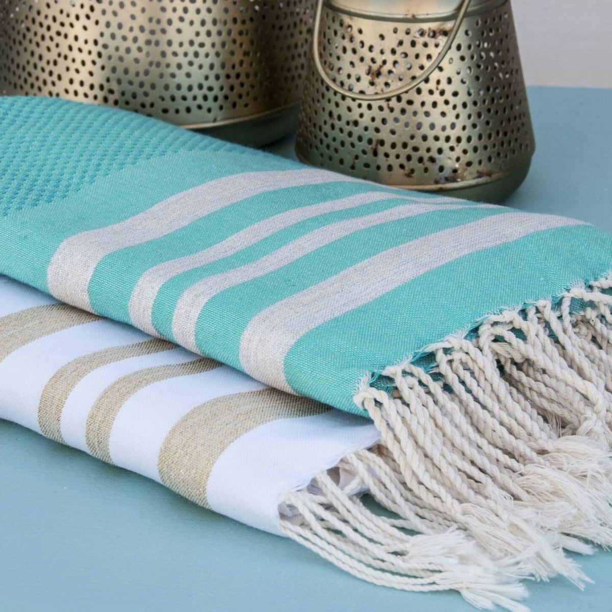 HAMPTONS - Fouta lurex coton  100x200 vert turquoise / argent