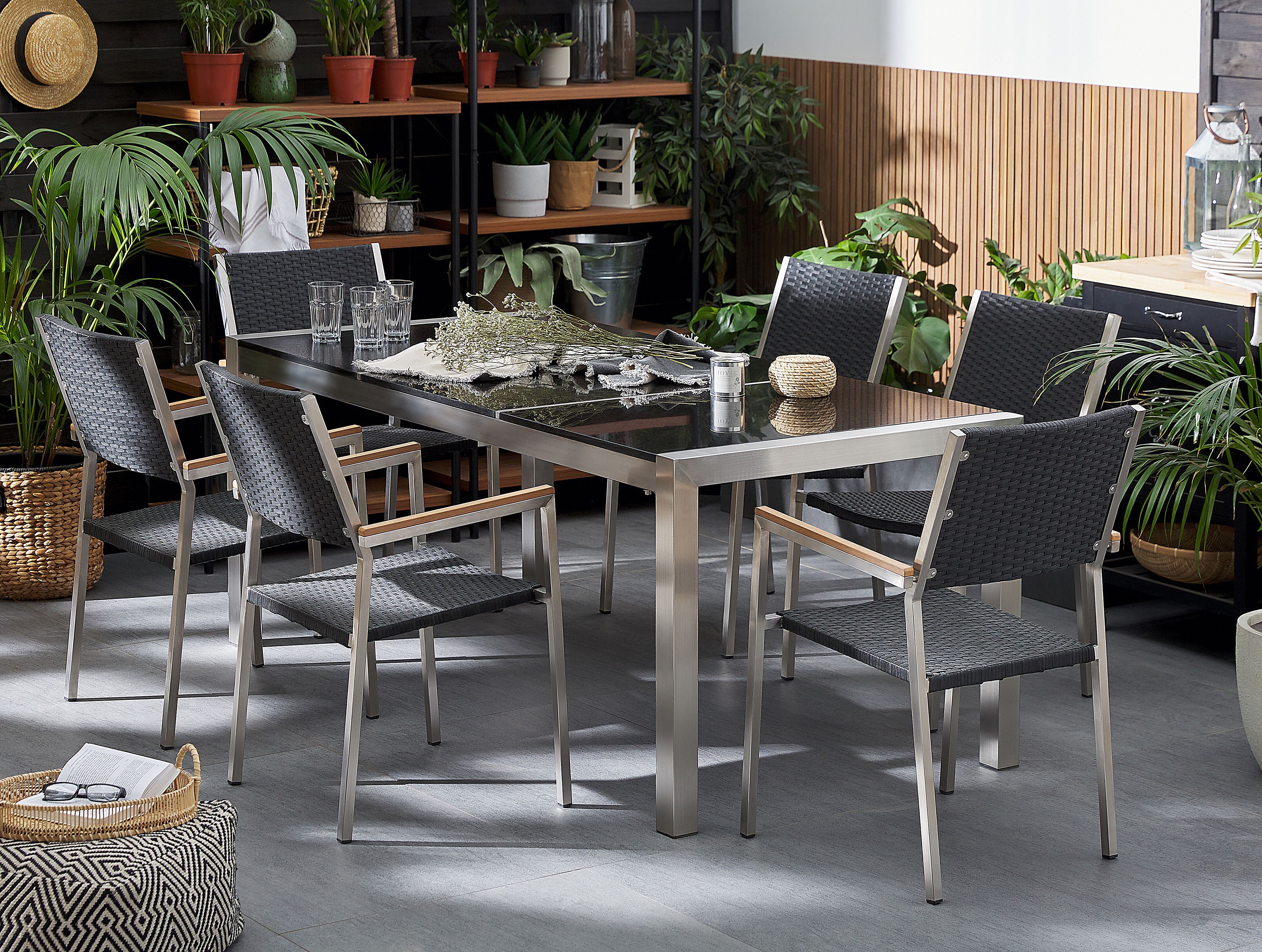 Garden Dining Set 6 Seater GROSSETO Triple Plate Granite Polished Black
