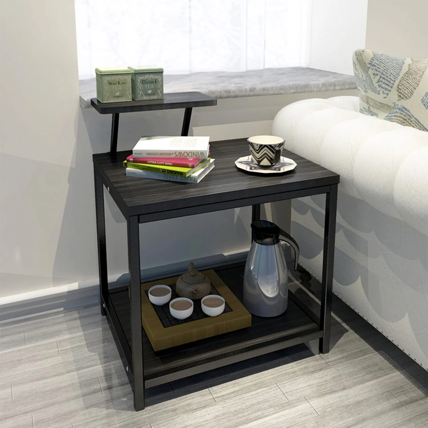 Modern Black Coffee Table with Adjustable Desktop Shelf